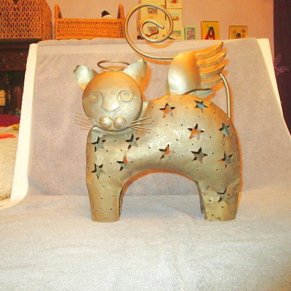 Celestial Angel Cat Garden Statue 17” Candle Holder Yard Art Fantasy Cosmos Gold